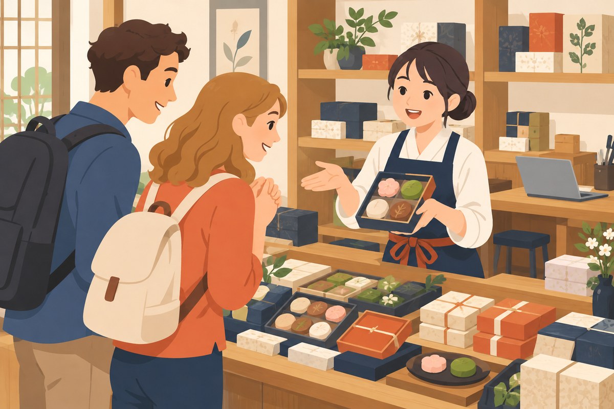 土産菓子の店で、店員が旅行客に商品を説明している様子のイラスト