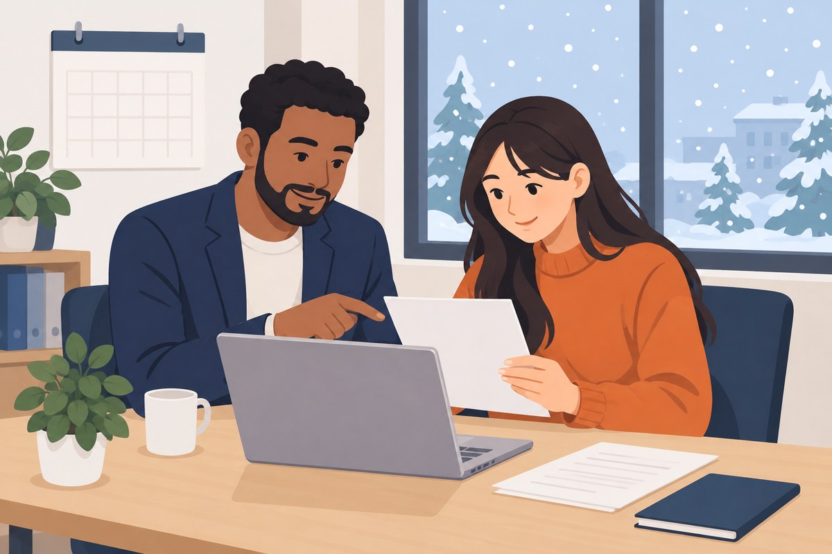 採用担当者と内定者が、机で申請の書類を一緒に確認している様子のイラスト