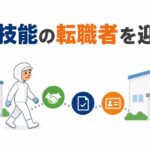 食品工場で働く特定技能の人が、別の食品工場へ手続きの段階を経て移る様子を示した図